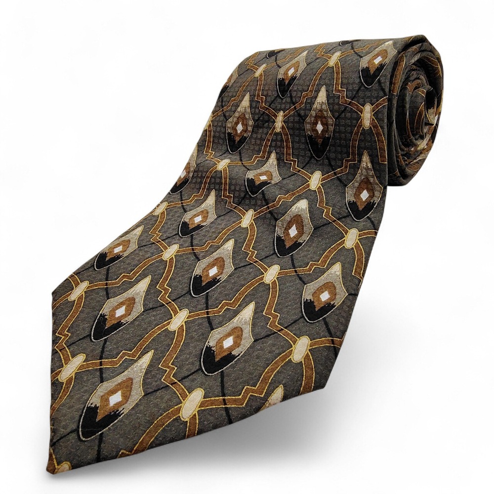 Vintage Hunting Horn j. Riggings Mens Neck Tie Silk Olive Geometric Art Deco